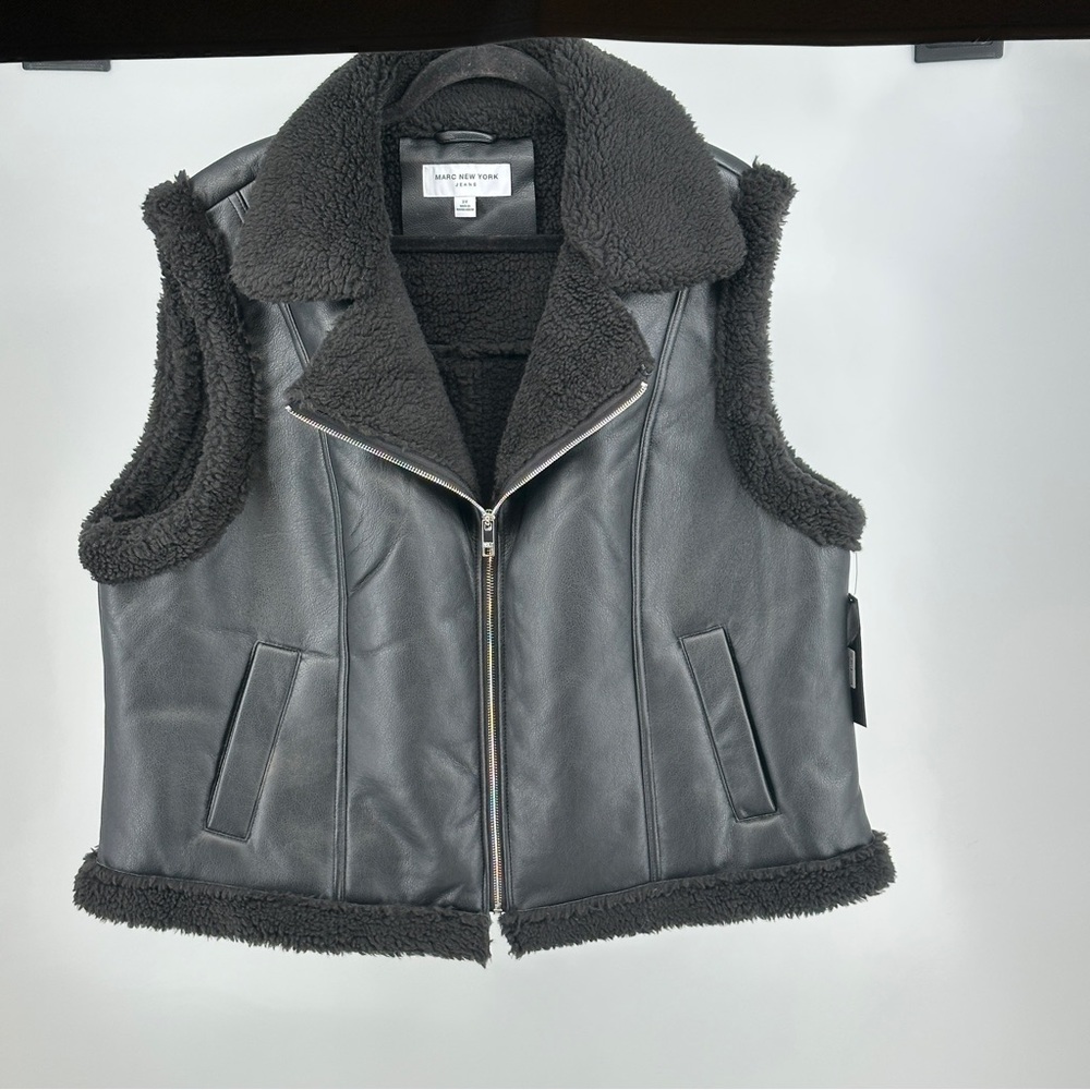 Women’s 2X Black Marc New York Charcoal Faux‎ Leather Vest Shirling Lined NWT